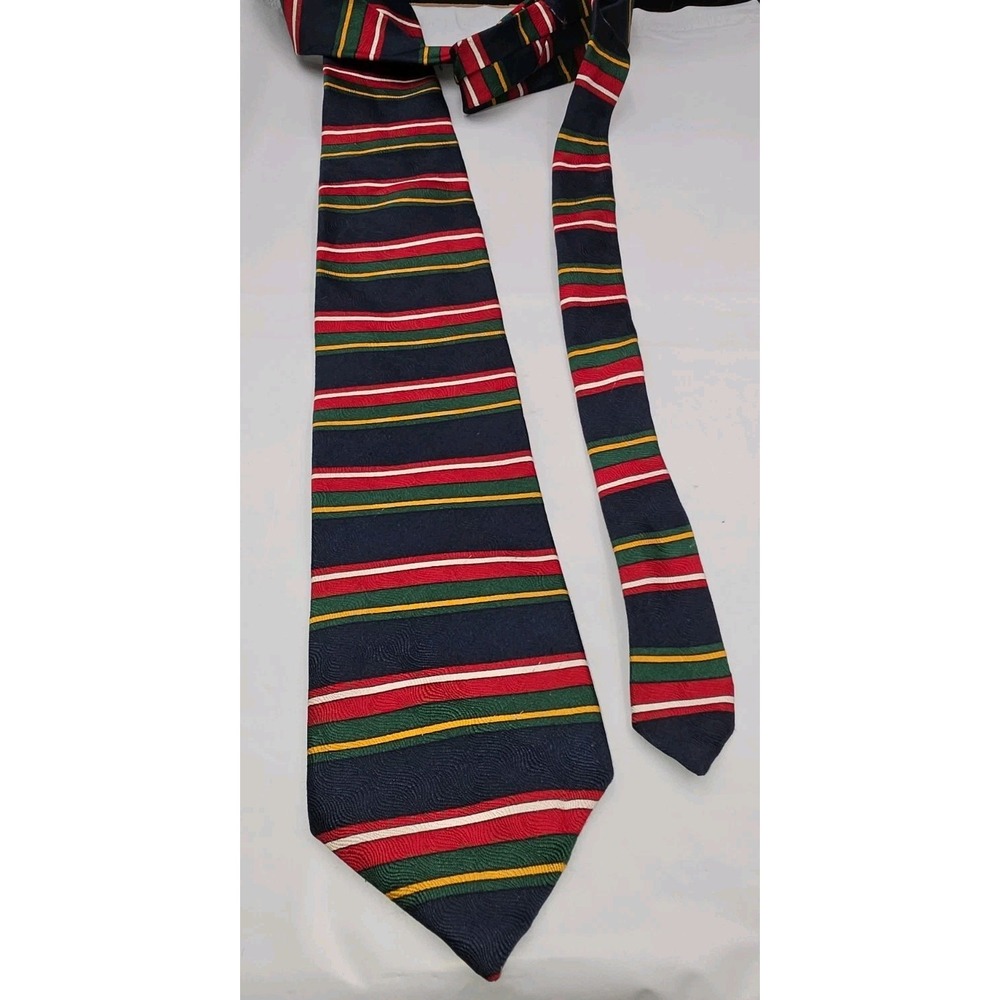 Men’s tie Evan-Picone Blue W/ Red, Green & Gold Striped 100% Silk Made In USA